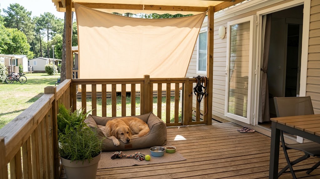 Coin d’ombre aménagé pour un animal de compagnie sur une terrasse de mobil-home