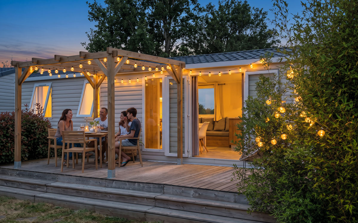 Guirlande lumineuse solaire sur une terrasse de mobil-home le soir